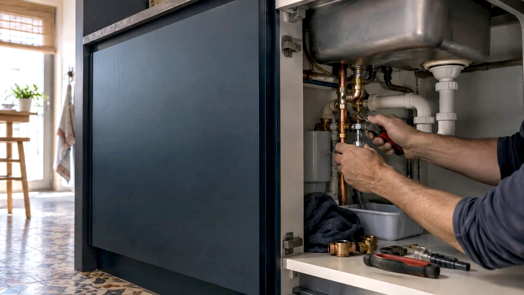 Manos realizando una reparación de fontanería bajo un fregadero